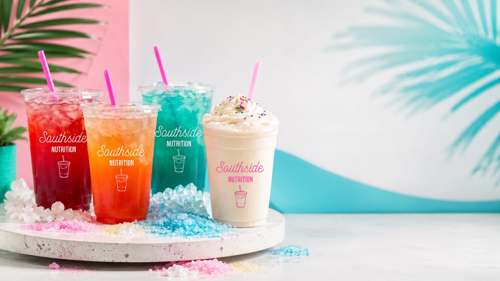 Colorful Southside Nutrition loaded teas and a protein shake on a bright pink and teal counter