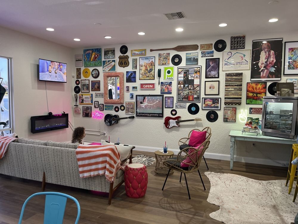 Retro lounge with records and guitars on the wall