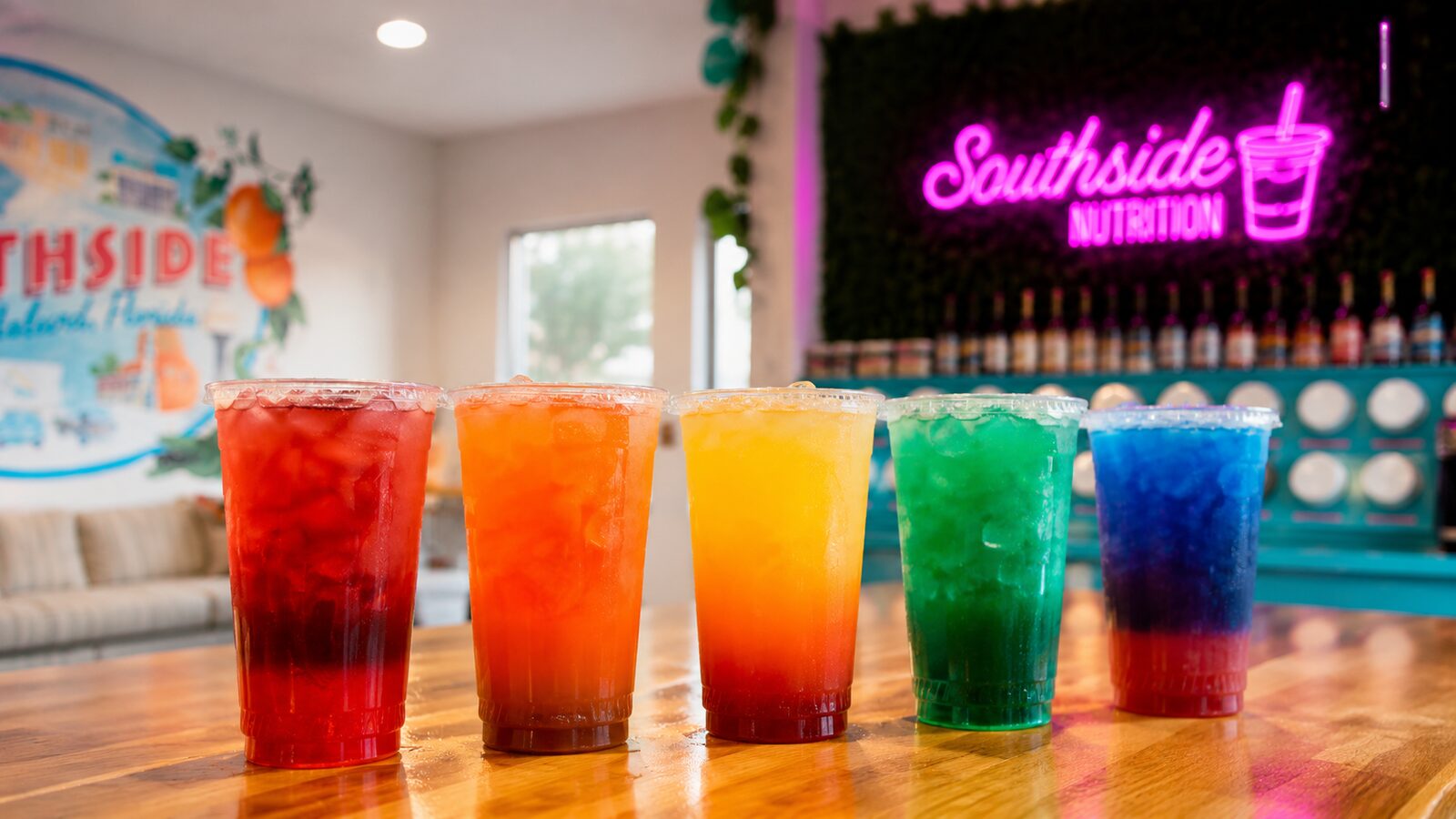 A rainbow row of loaded teas in front of the neon Southside Nutrition sign