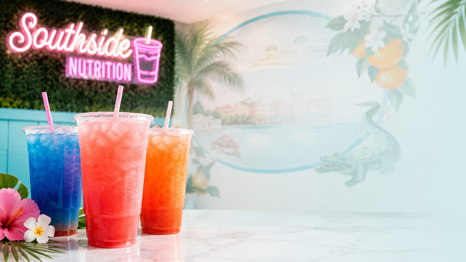 Three bright loaded teas on marble in front of the Lakeland mural